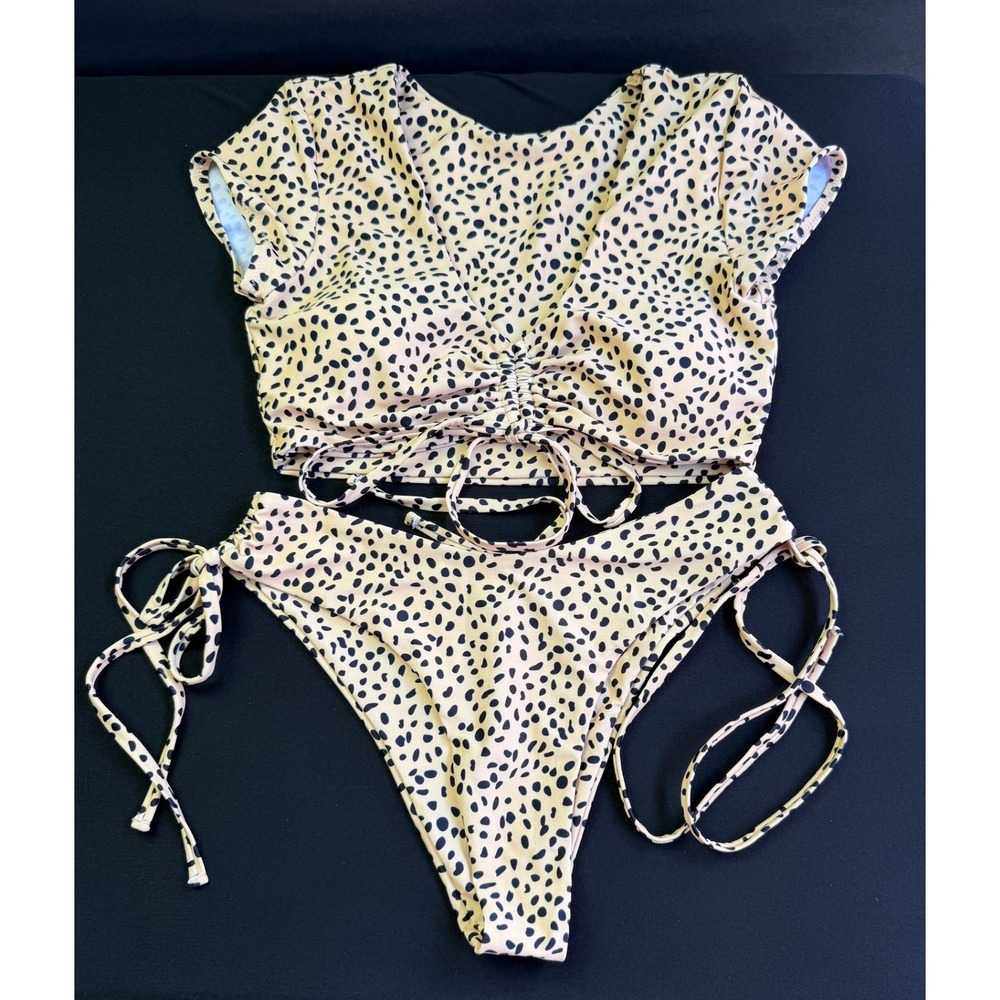 Zaful Bikini Set Sz 4 Tan Black Cheetah Print Ruched Crop Top Side Tie Swimsuit